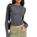 A sleek dark gray women slim fit ruched long sleeve crop top with fitted silhouette and waist detailing