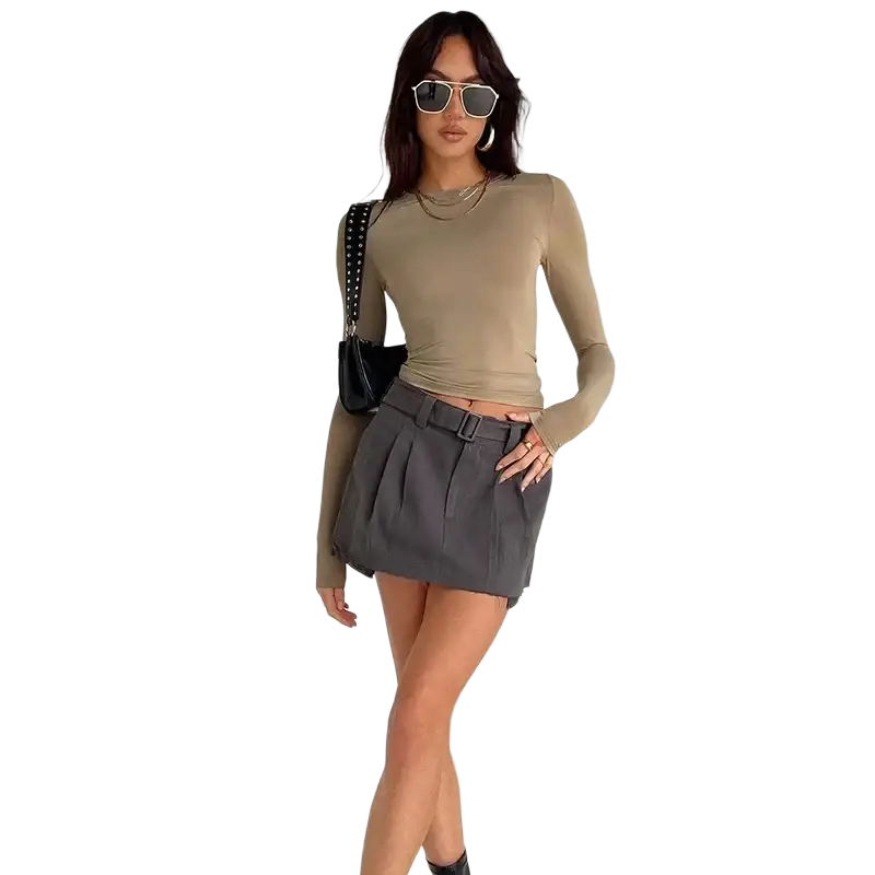 A stylish taupe slim fit ruched long sleeve crop top with fitted silhouette and subtle ribbed texture for women