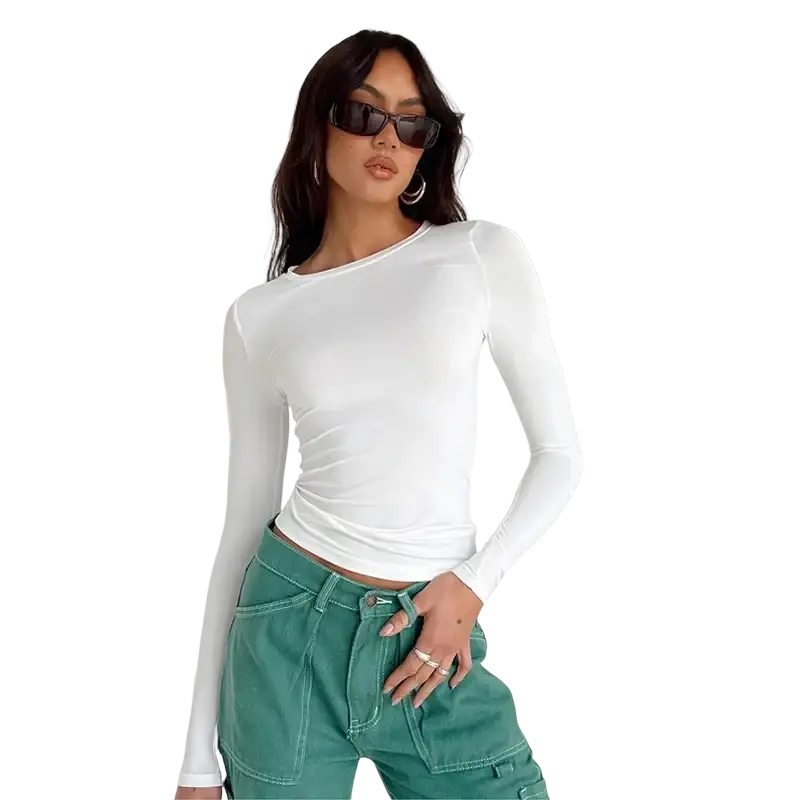 Women slim fit ruched long sleeve crop top in white with fitted fabric and side ruching detail for a stylish look