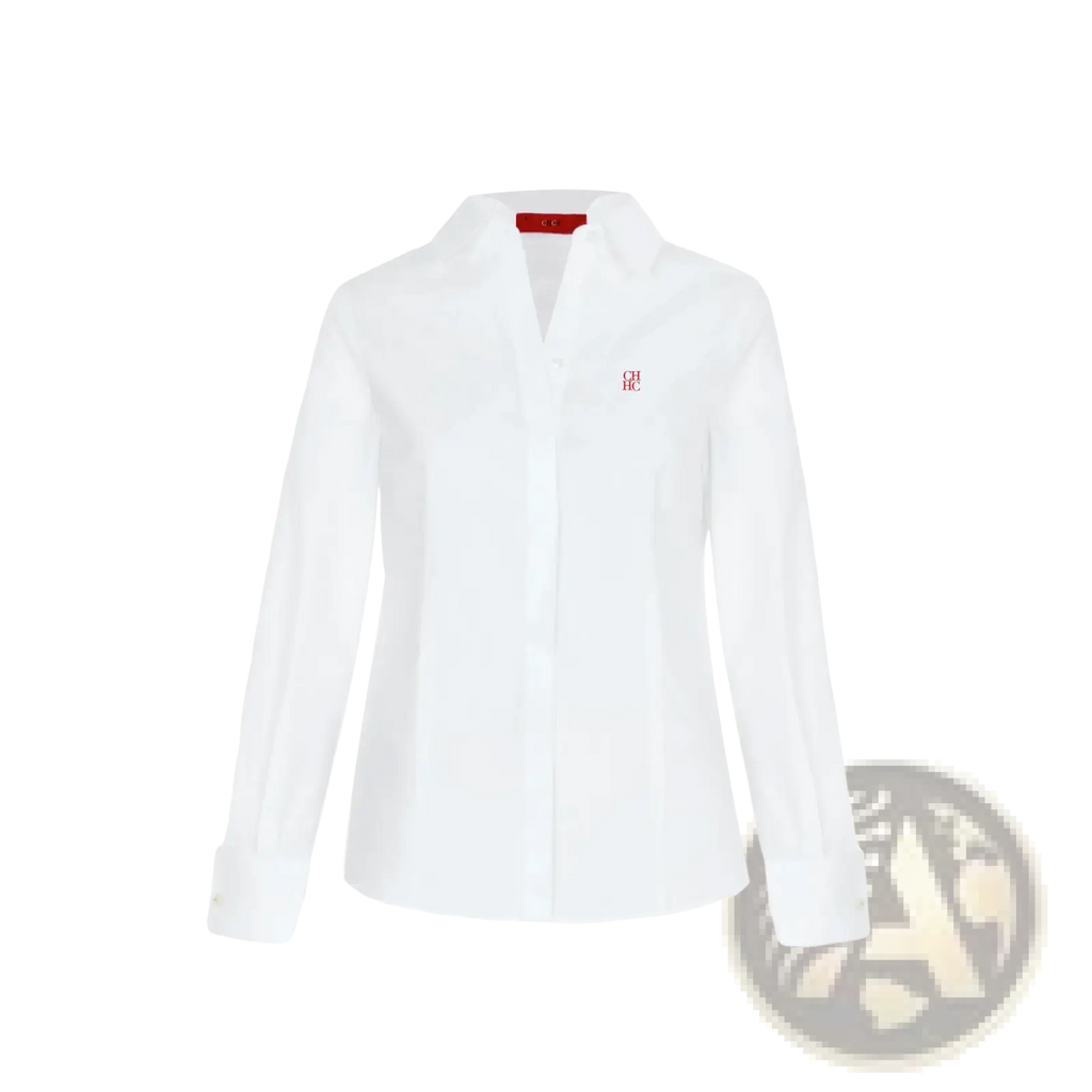 Women slim fit white long sleeved dress shirt with subtle red embroidered logo and matching red collar tag for office wear