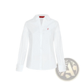 Women slim fit white long sleeved dress shirt with subtle red embroidered logo and matching red collar tag for office wear