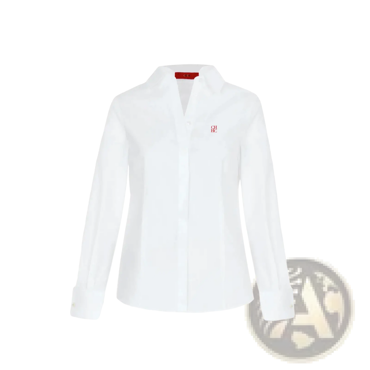 Women slim fit white long sleeved dress shirt with subtle red embroidered logo and matching red collar tag for office wear