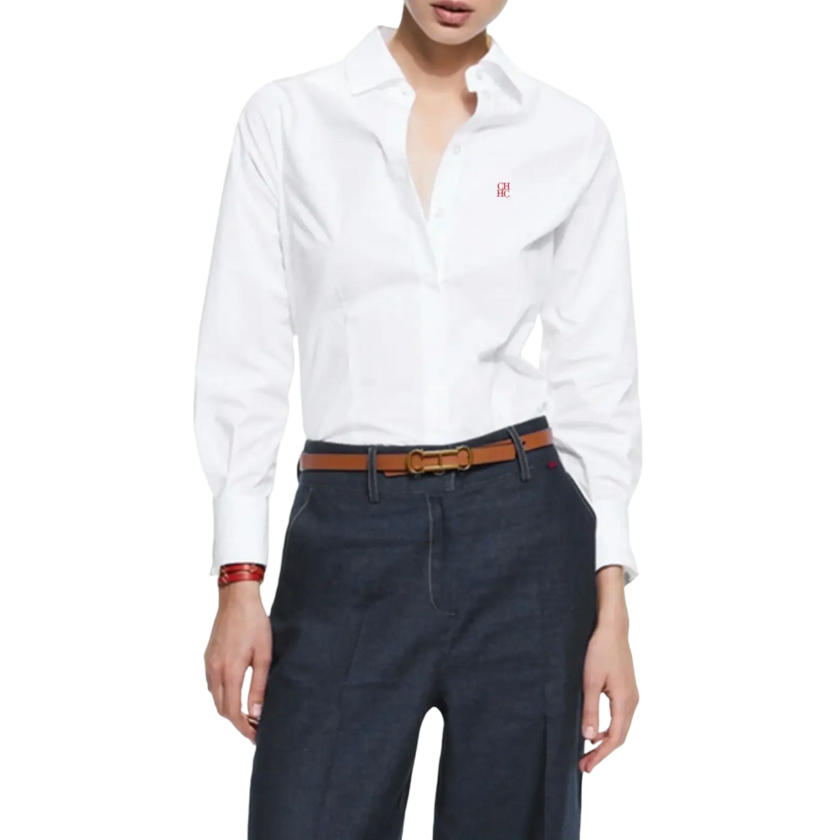 Women slim fit white dress shirt with subtle red embroidered logo on left chest ideal for office wear