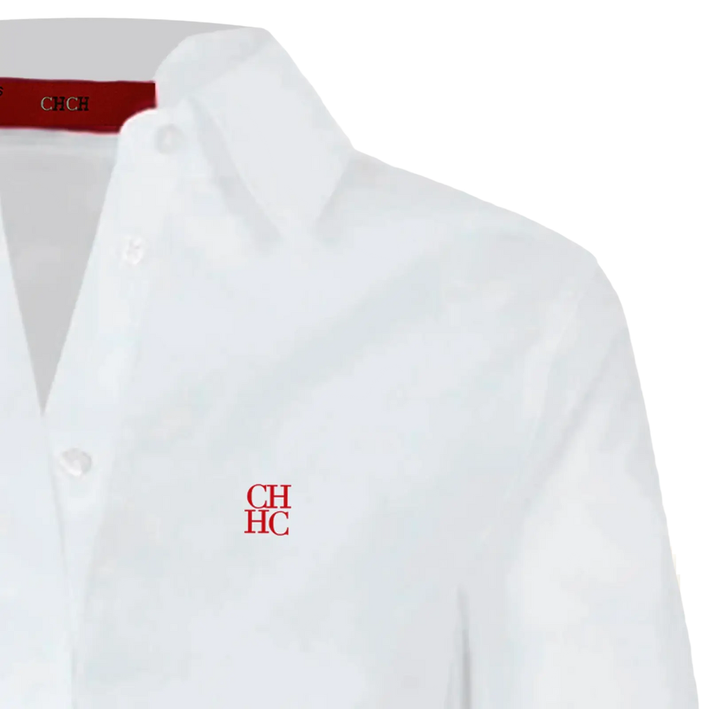 Women slim fit white dress shirt with red embroidered ch hc logo and matching red brand tag at the collar