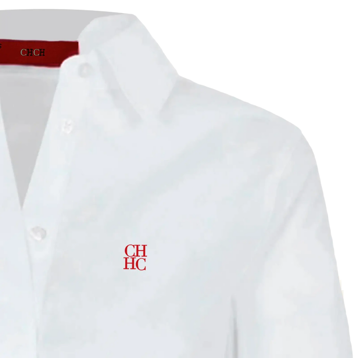 Women slim fit white dress shirt with red embroidered ch hc logo and matching red brand tag at the collar