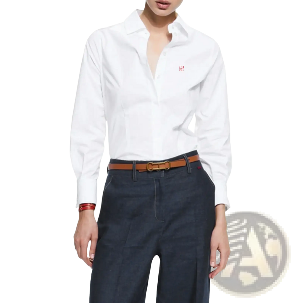Women slim fit white dress shirt with subtle red embroidered logo on left chest ideal for office wear
