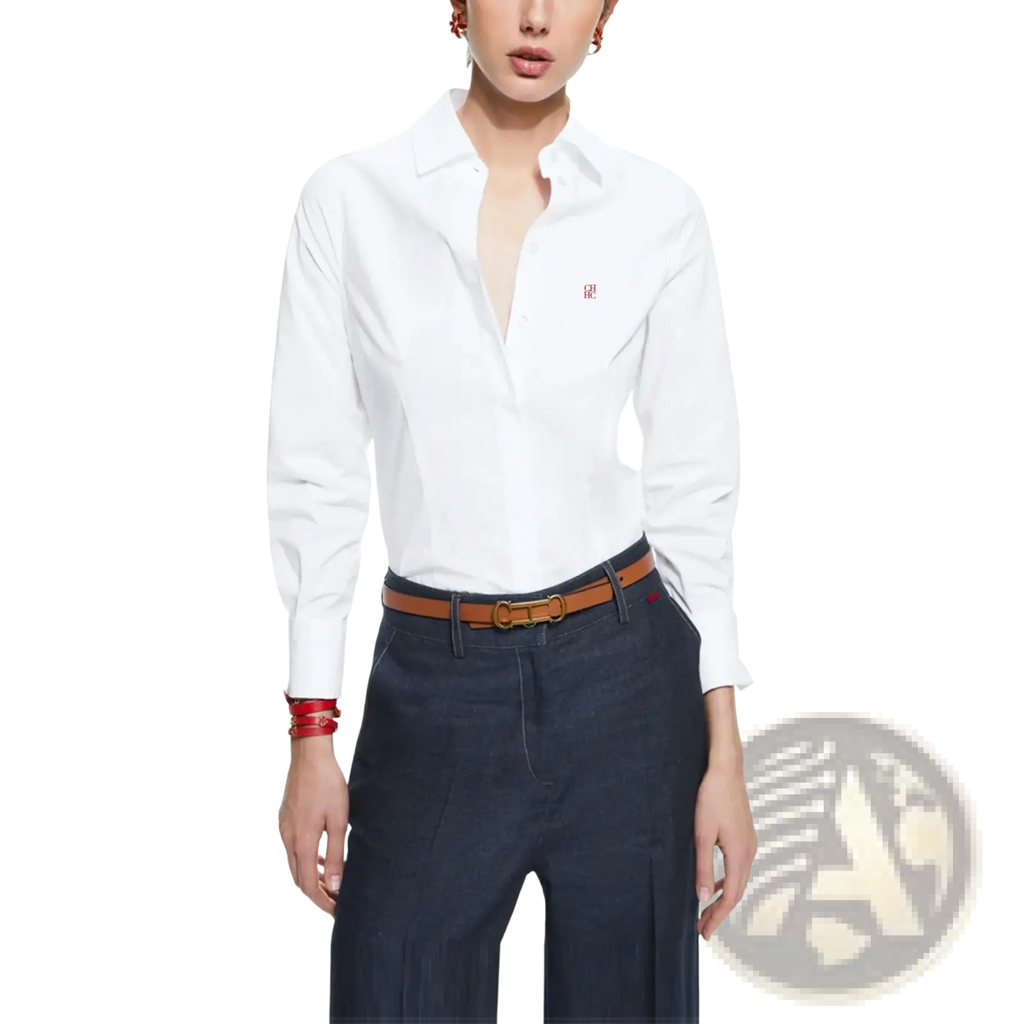 Women slim fit white long-sleeved dress shirt with subtle red embroidered logo ideal for office wear
