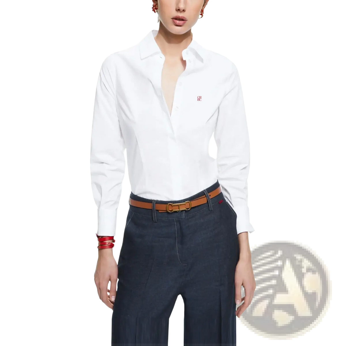 Women slim fit white long-sleeved dress shirt with subtle red embroidered logo ideal for office wear