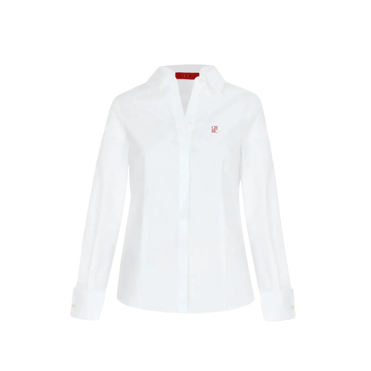 Women slim fit white long sleeved dress shirt with subtle red embroidered logo and matching red collar tag for office wear