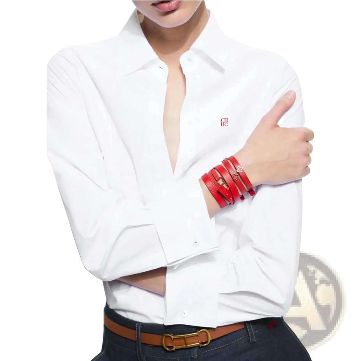 Women slim fit white dress shirt blouse paired with a red leather multi-layered bracelet with gold-tone clasp and logo detail
