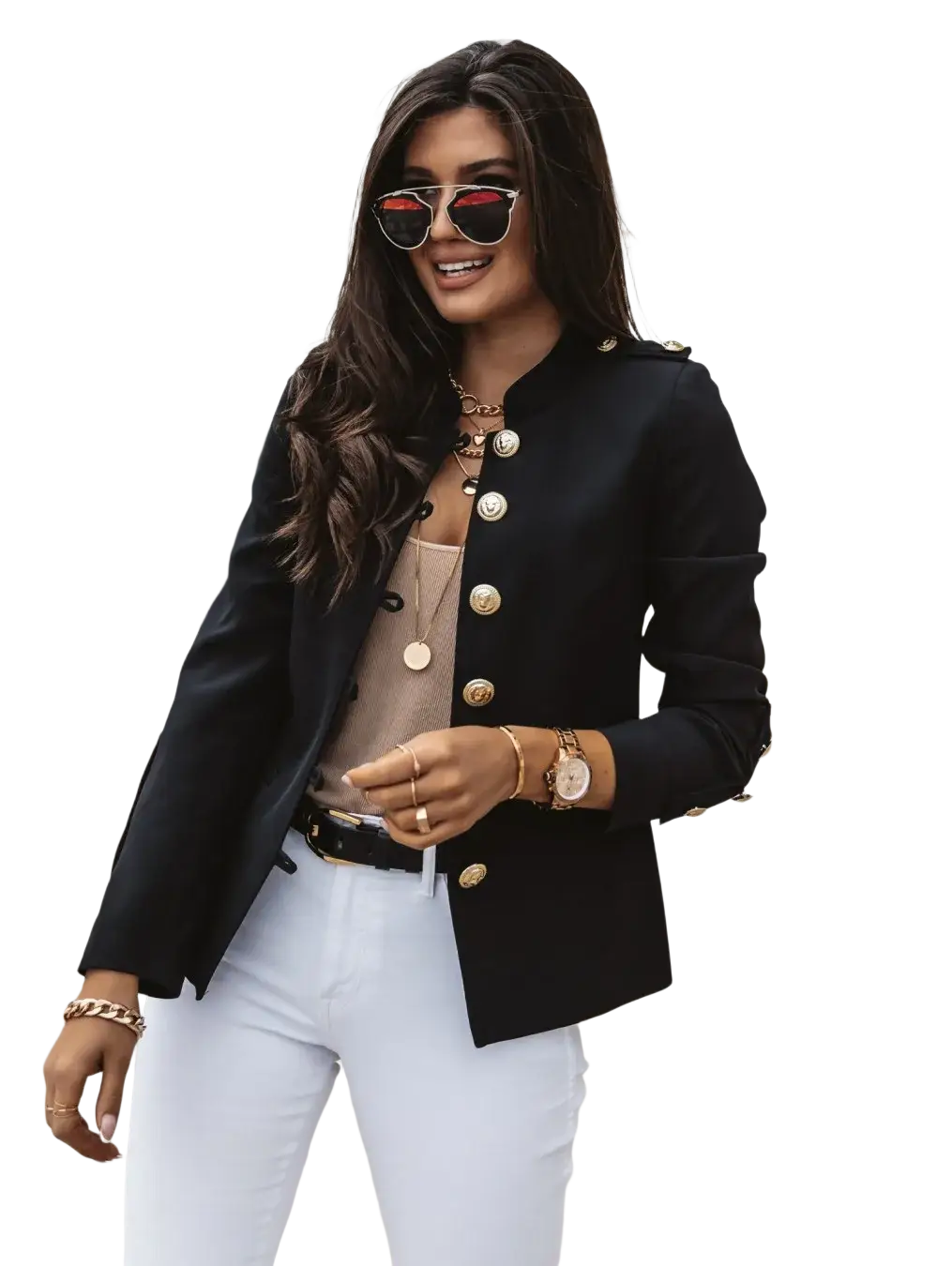 Women slim black blazer jacket with gold buttons and epaulets for a stylish formal look