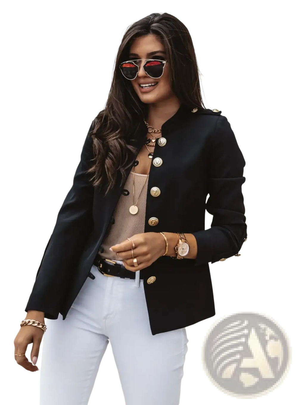 Women slim black blazer jacket with gold buttons and epaulets for a stylish formal look