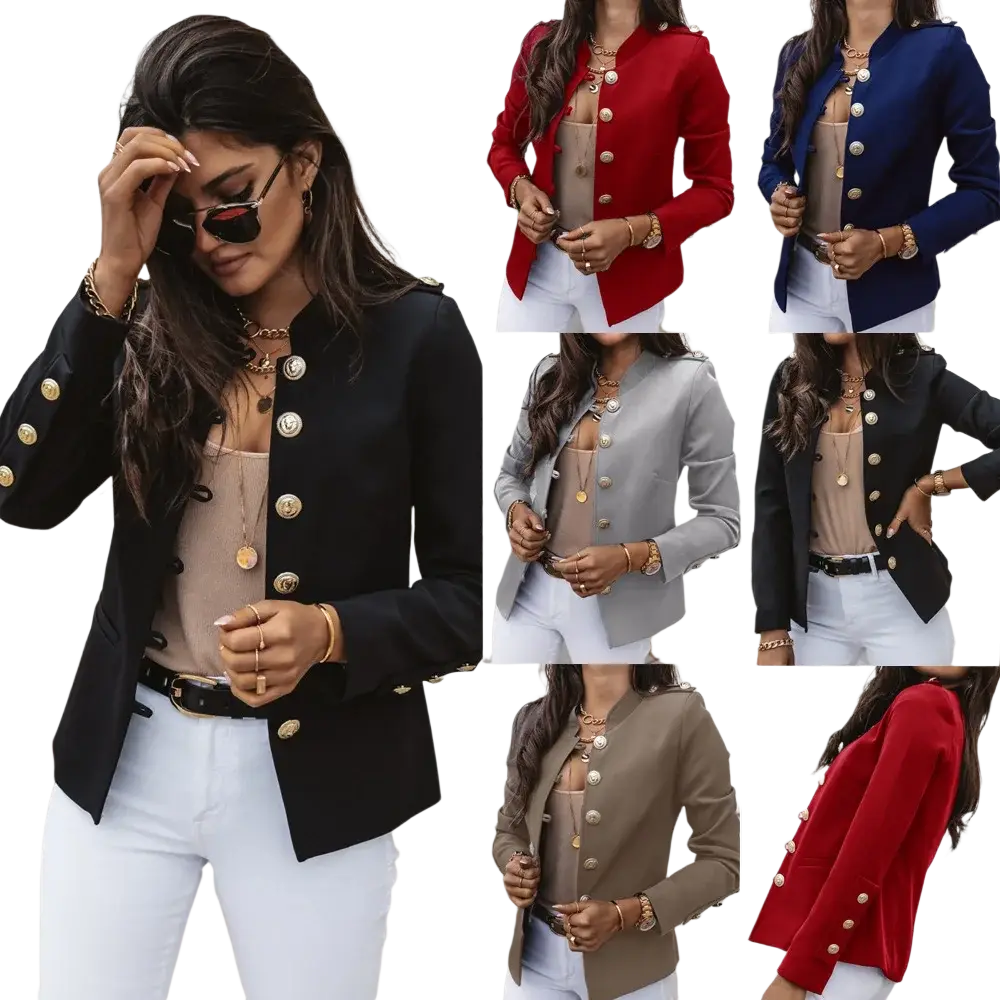 Women slim black blazer jacket with gold-toned buttons and a structured tailored fit for formal wear