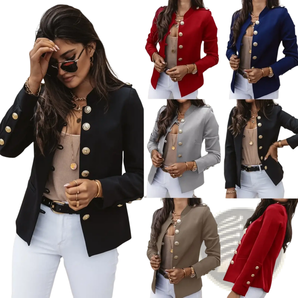 Women slim black blazer jacket with gold-toned buttons and a structured tailored fit for formal wear