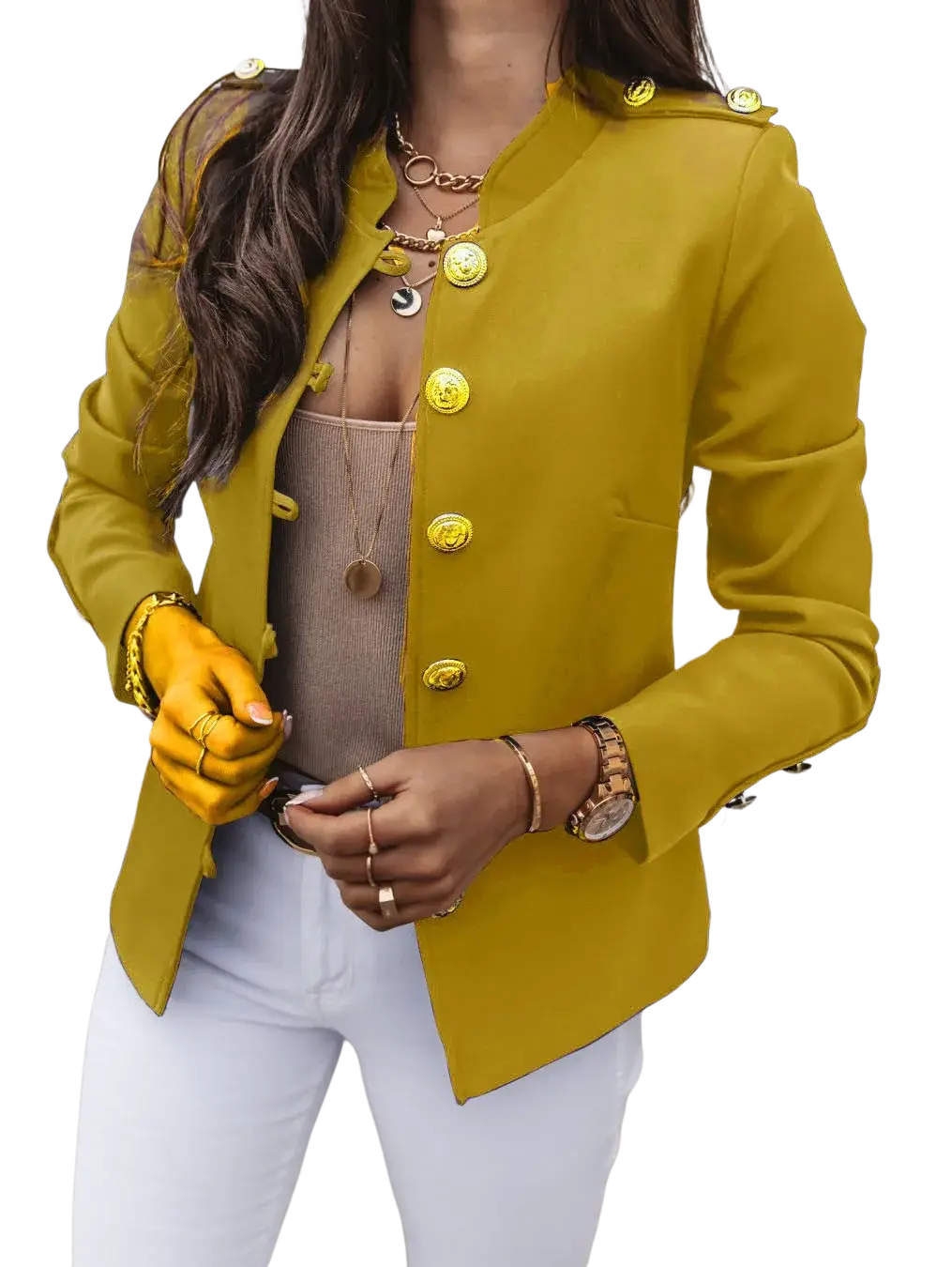 Women slim gold button blazer jacket in mustard yellow with gold-tone buttons and shoulder epaulets