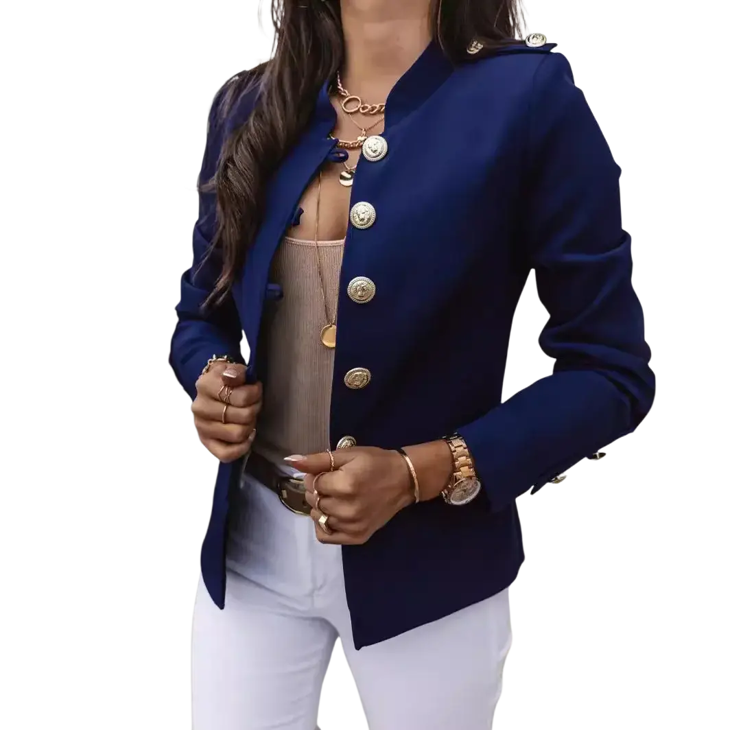 Women slim navy blue blazer jacket featuring gold-toned buttons and shoulder epaulets for a polished look