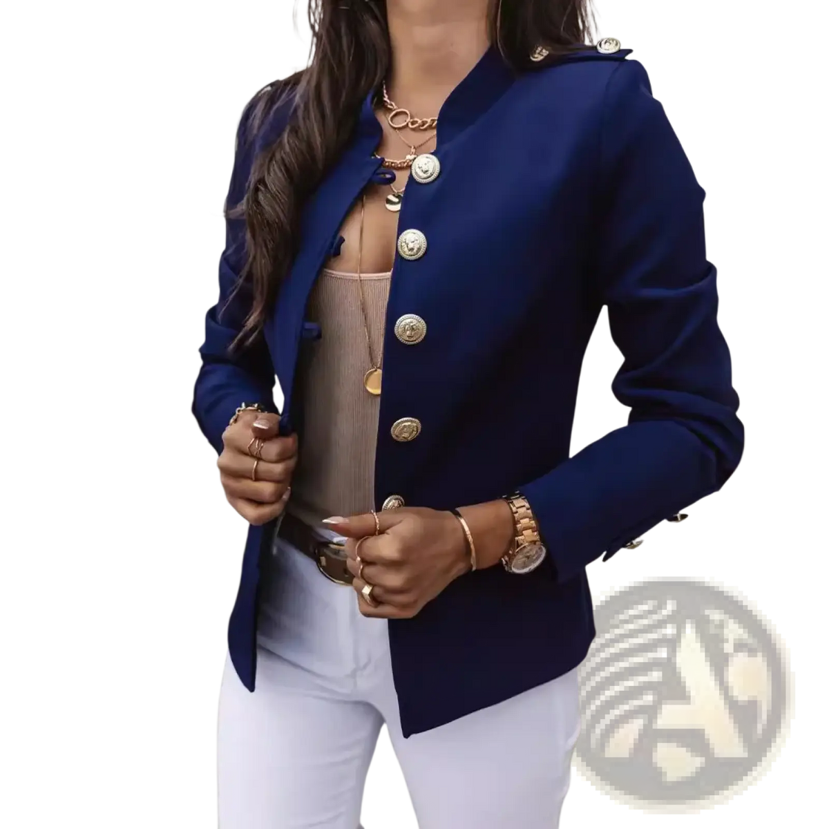 Women slim navy blue blazer jacket featuring gold-toned buttons and shoulder epaulets for a polished look