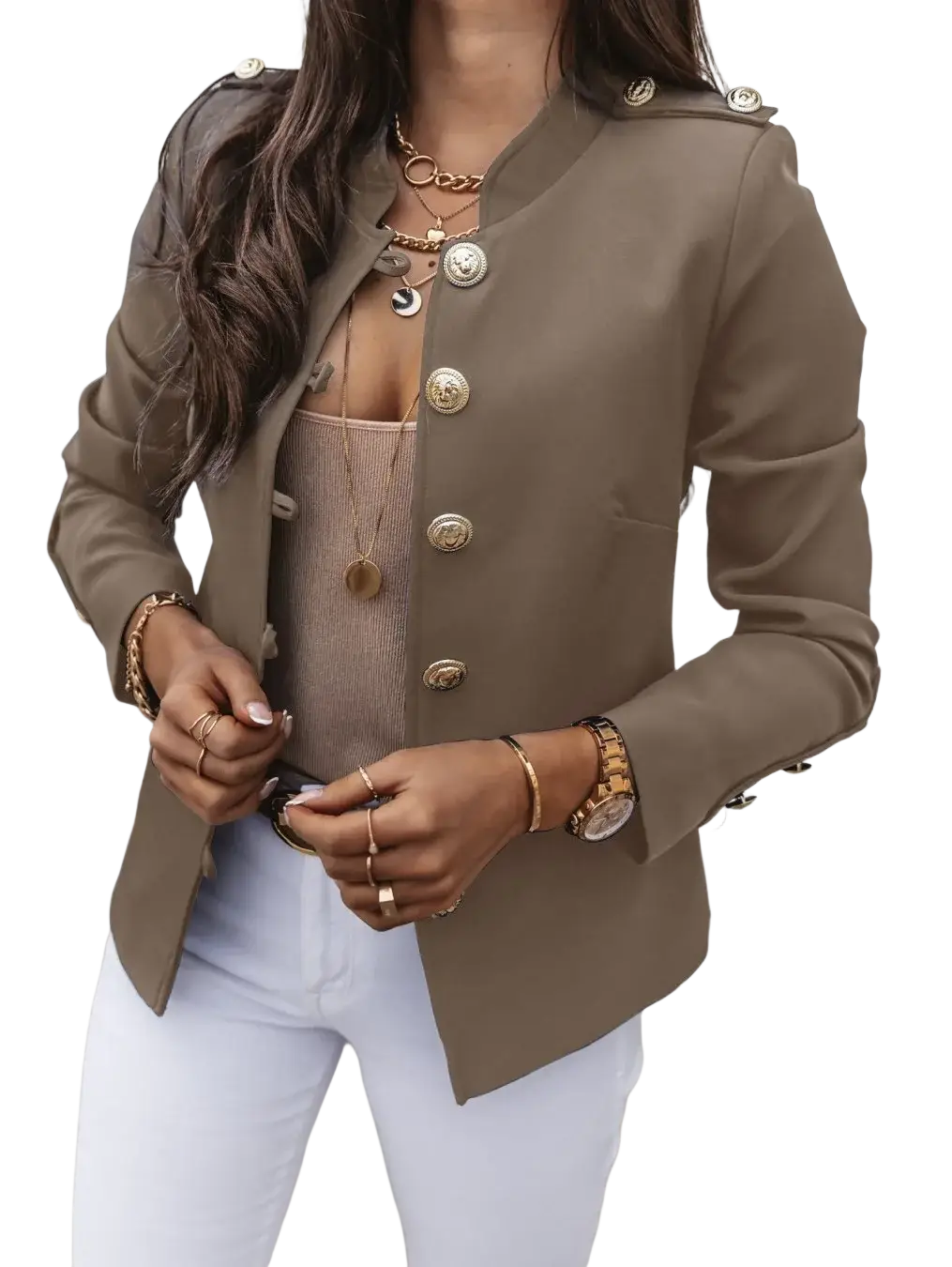 Olive green military-style women slim blazer jacket with gold-toned buttons and shoulder epaulets for stylish wear