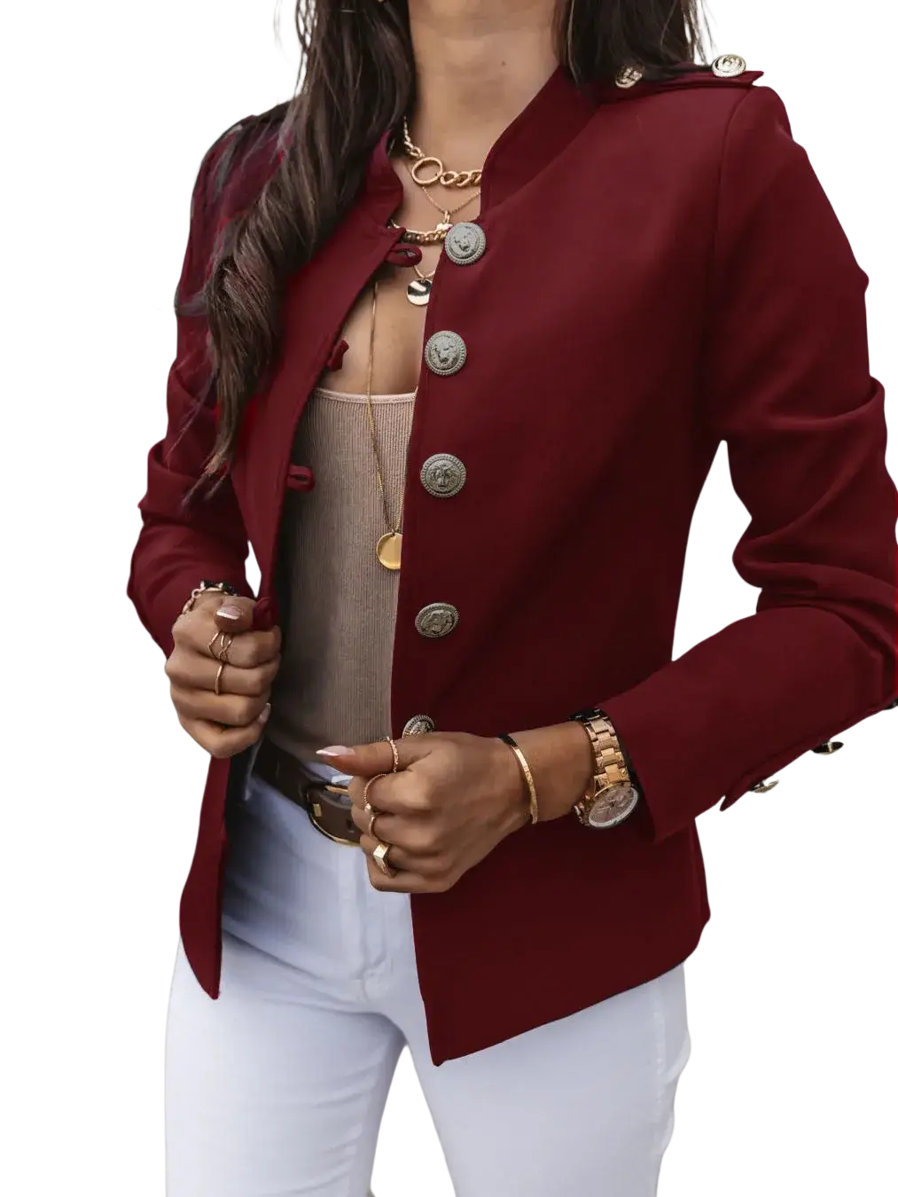 A women slim maroon blazer jacket with gold-toned buttons and shoulder epaulets for stylish formal wear