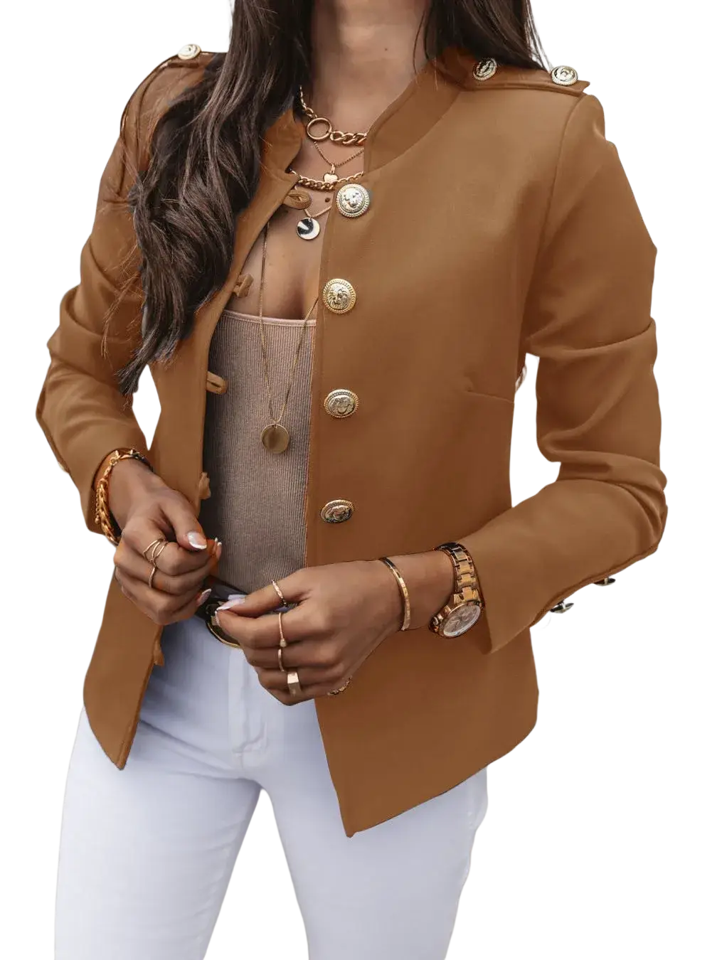 Tan slim blazer jacket featuring gold-toned military-style buttons and shoulder epaulets for women