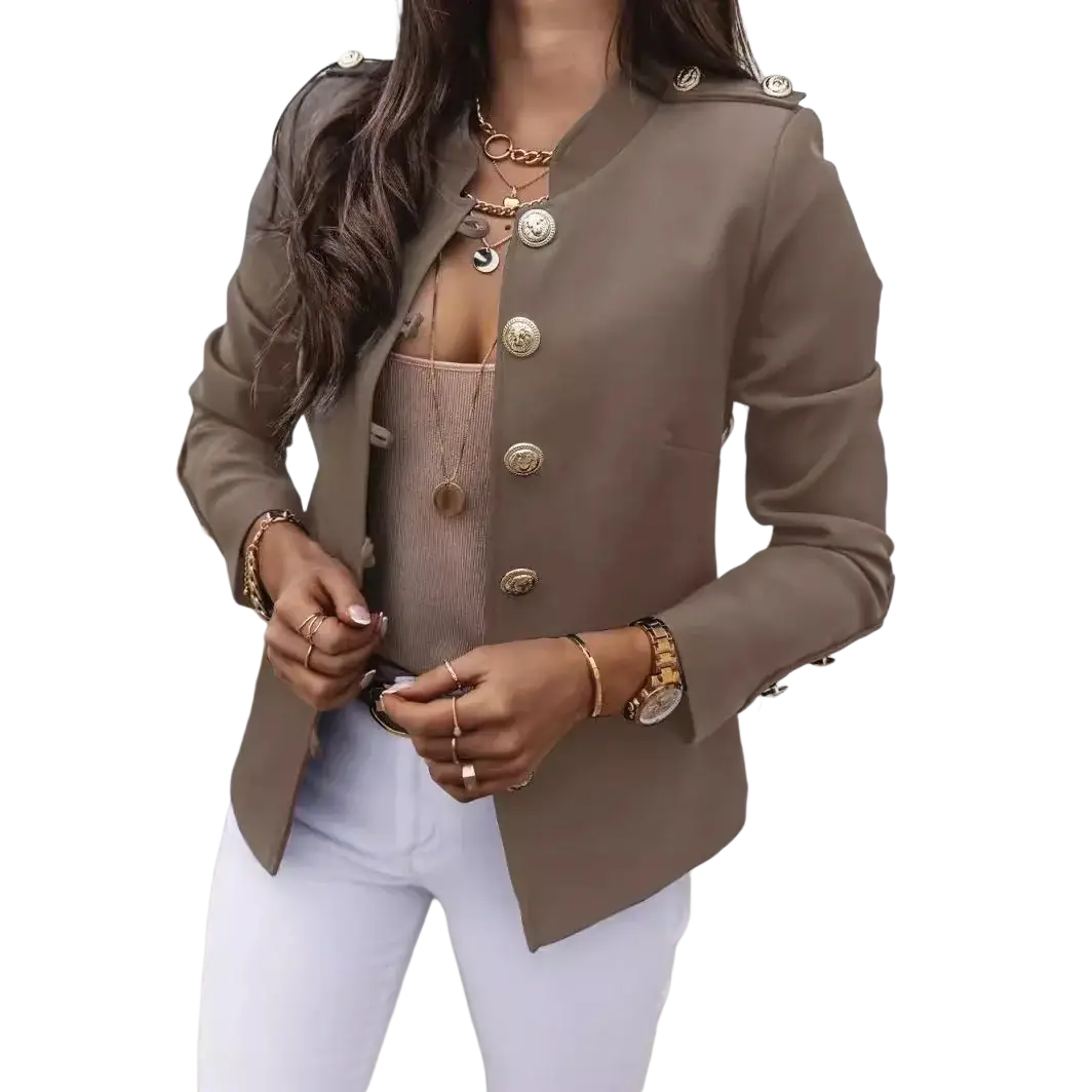 A taupe slim military-style blazer jacket for women with gold-toned buttons and shoulder epaulets