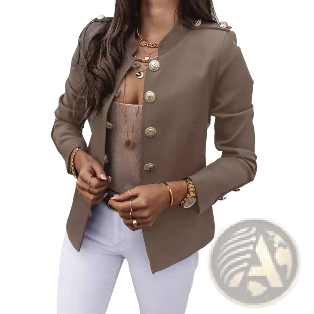 A taupe slim military-style blazer jacket for women with gold-toned buttons and shoulder epaulets