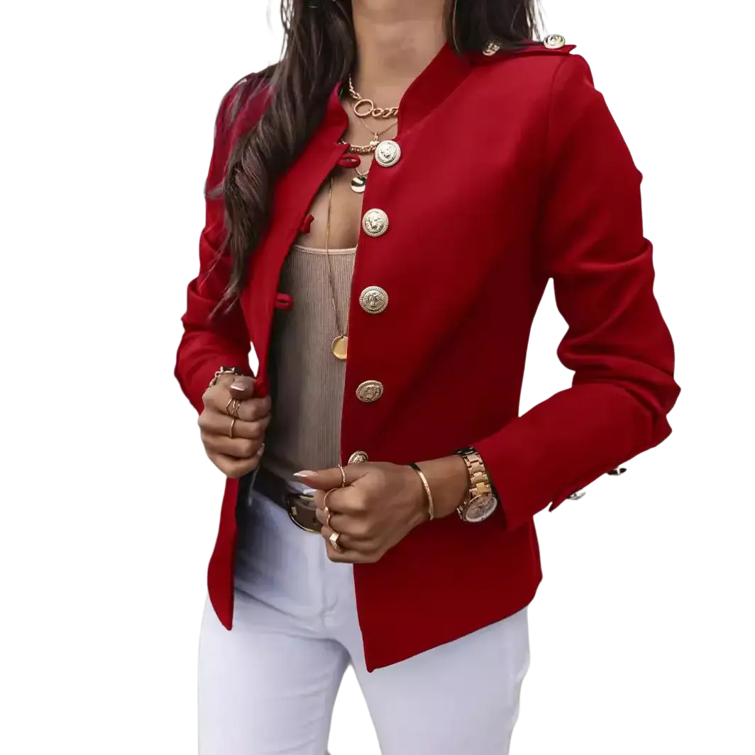 Women slim blazer jacket in vibrant red with gold-toned buttons and a structured tailored fit