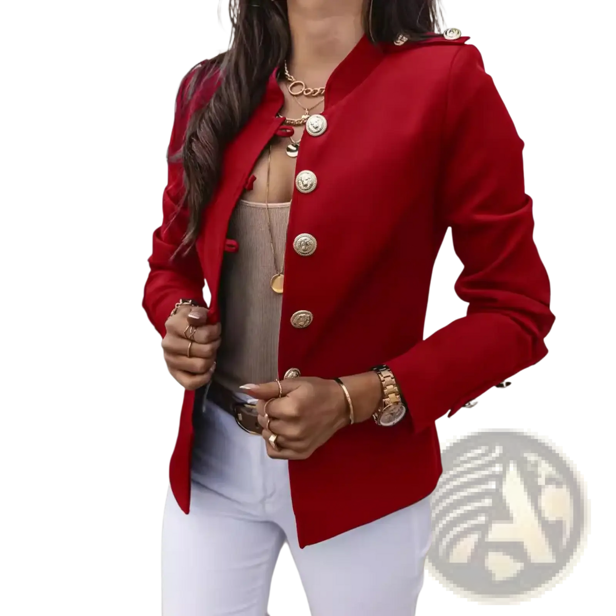 Women slim blazer jacket in vibrant red with gold-toned buttons and a structured tailored fit