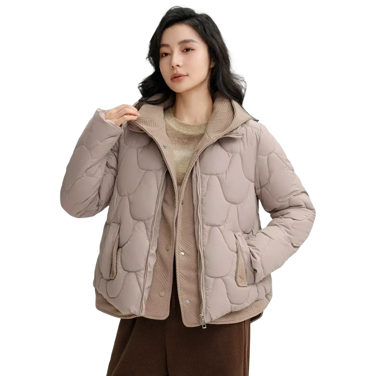Beige slim hooded winter cotton puffer jacket with quilted design and front zipper for women