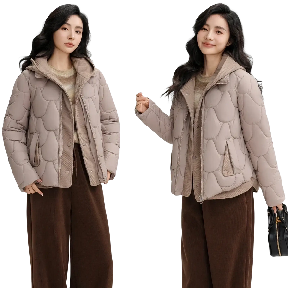 Beige slim hooded women winter cotton puffer jacket with quilted shell pattern and ribbed cuffs for cold weather