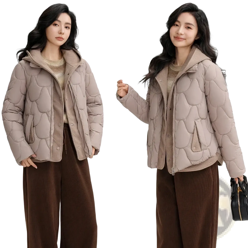 Beige slim hooded women winter cotton puffer jacket with quilted shell pattern and ribbed cuffs for cold weather