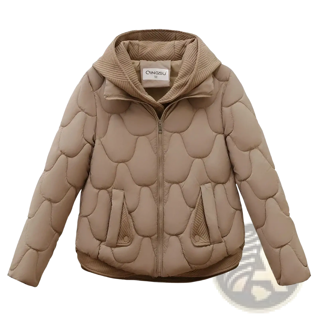 Beige women slim hooded winter cotton puffer jacket with quilted shell pattern and ribbed interior lining