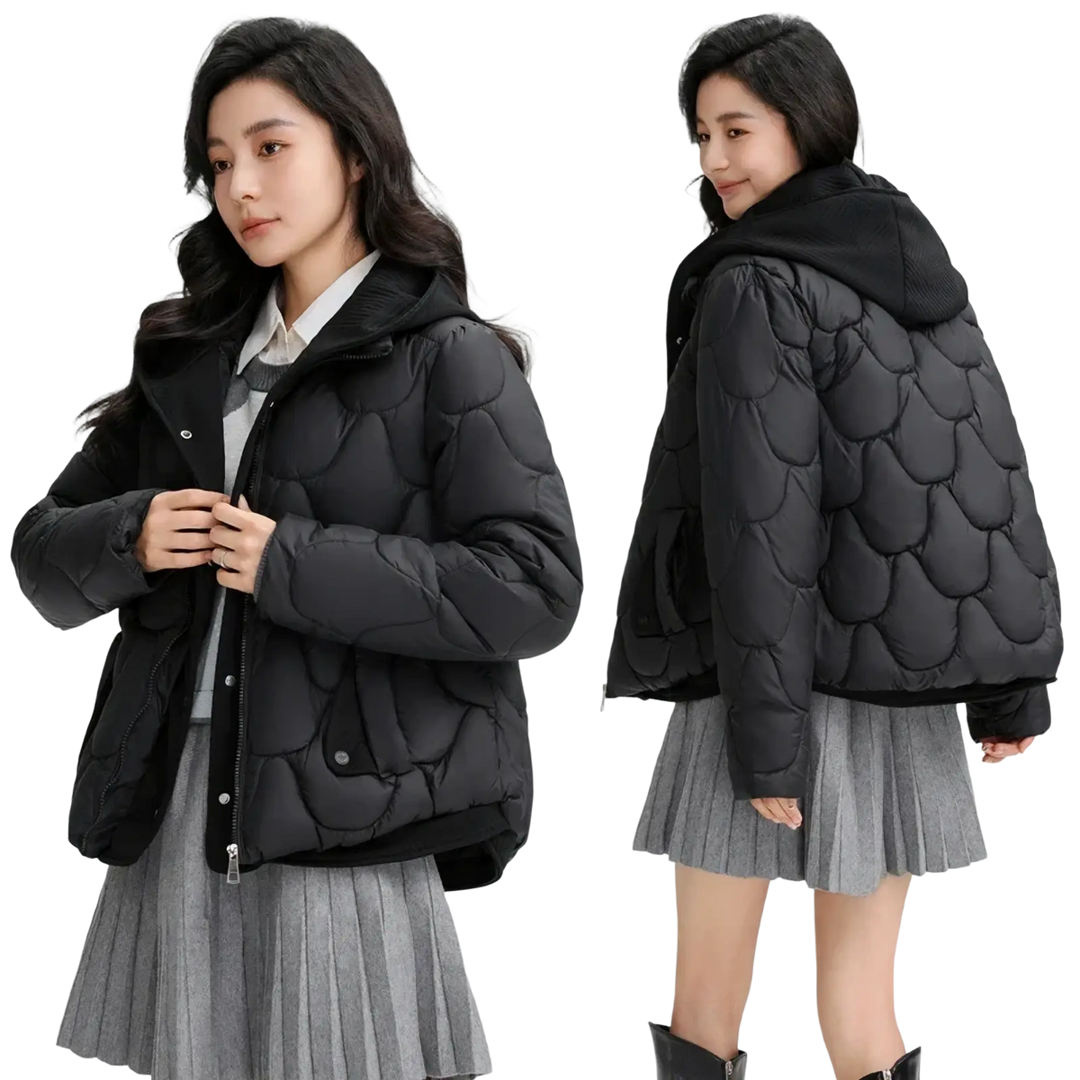 Black slim hooded women winter cotton puffer jacket with scalloped stitching pattern and quilted design