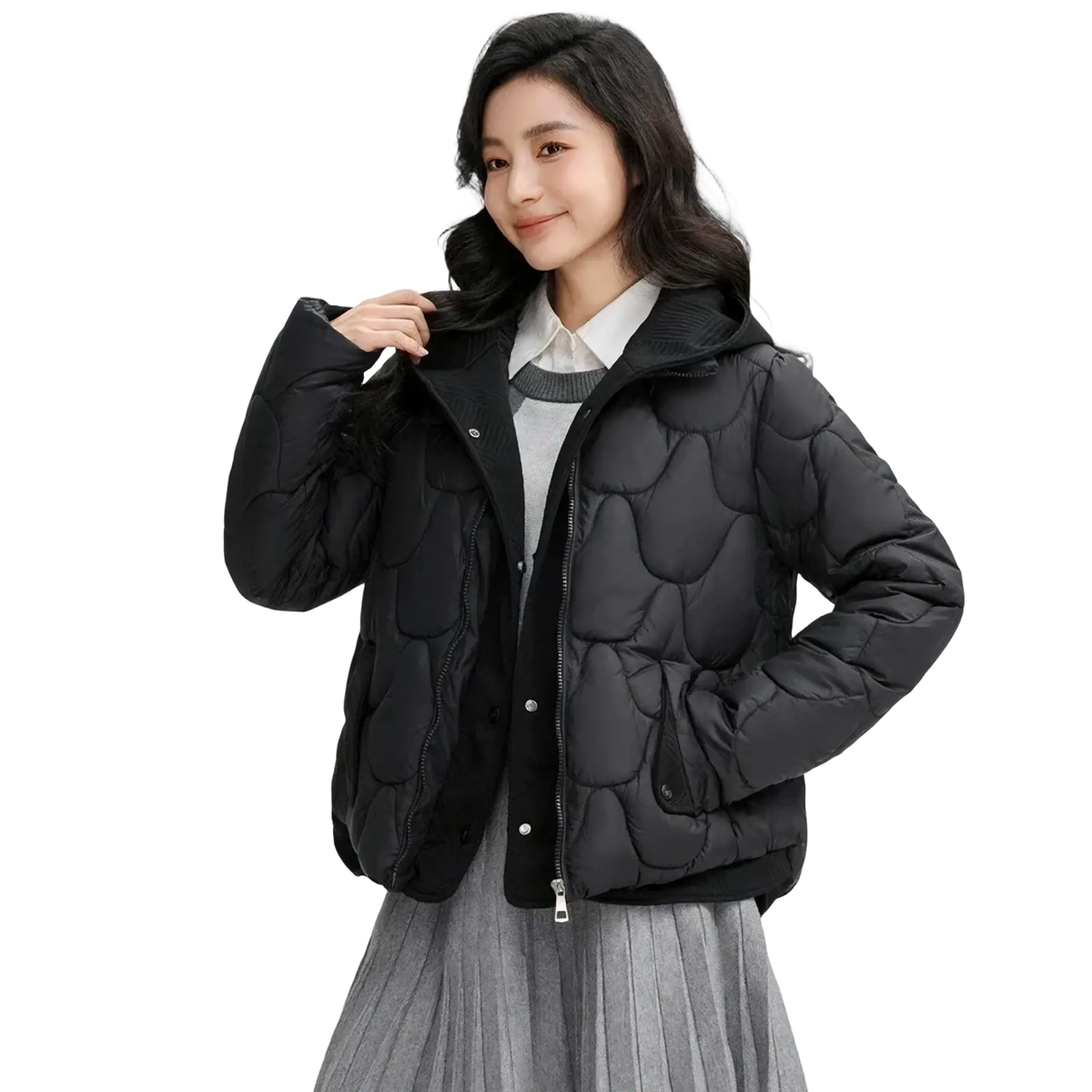 Black slim hooded women winter cotton quilted puffer jacket with subtle stitching pattern for cold weather