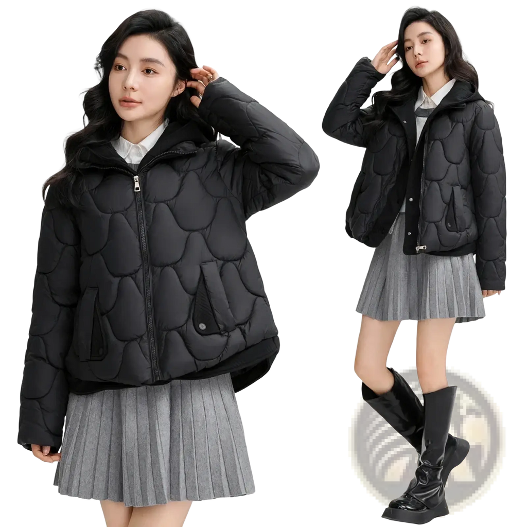 Women slim hooded winter cotton puffer jacket in black with quilted scale-like pattern and hood