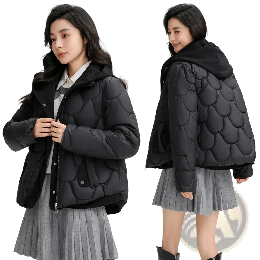 Black slim hooded women winter cotton puffer jacket with scalloped stitching pattern and quilted design