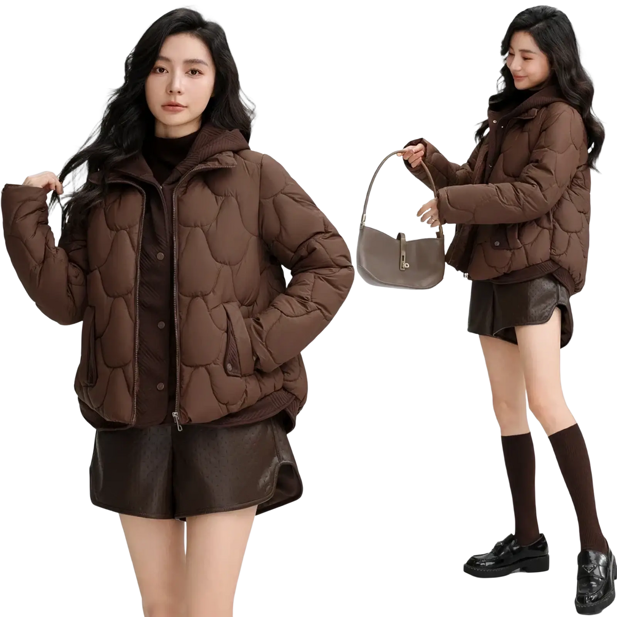 Brown slim hooded winter cotton puffer jacket with quilting and front zipper for women