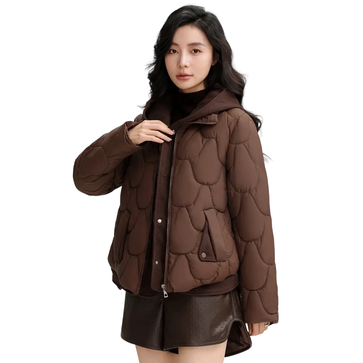 Brown slim hooded winter cotton quilted puffer jacket with front zipper for women