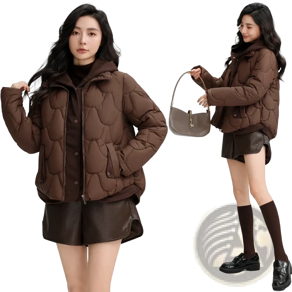 Brown slim hooded winter cotton puffer jacket with quilting and front zipper for women