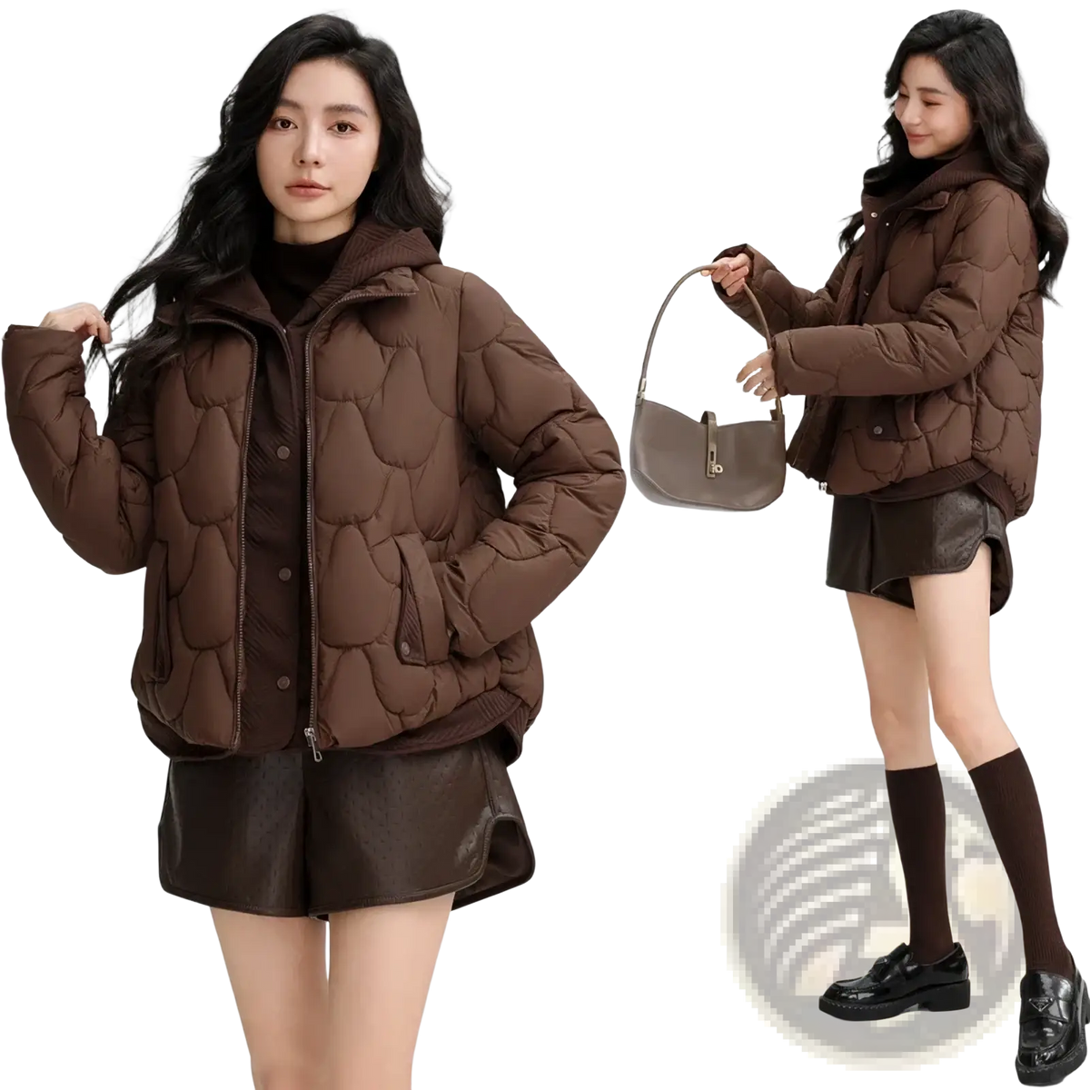 Brown slim hooded winter cotton puffer jacket with quilting and front zipper for women