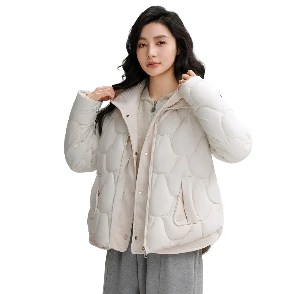 Women slim hooded winter cotton puffer jacket cream-colored with quilted cloud-like pattern and cozy hood