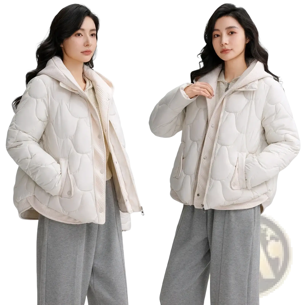 Cream-colored slim hooded winter cotton puffer jacket with quilted design and front button closure for women