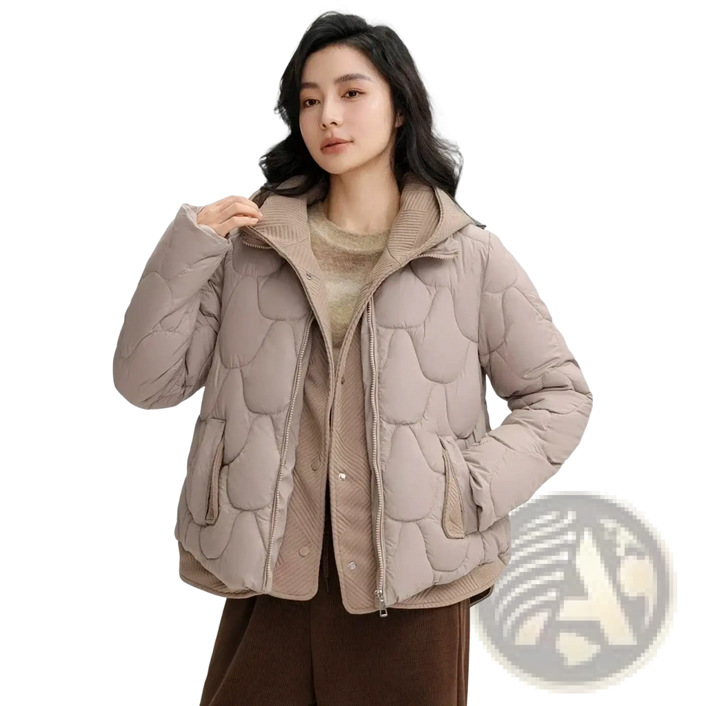Beige slim hooded winter cotton puffer jacket with quilted design and front zipper for women