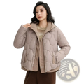 Beige slim hooded winter cotton puffer jacket with quilted design and front zipper for women