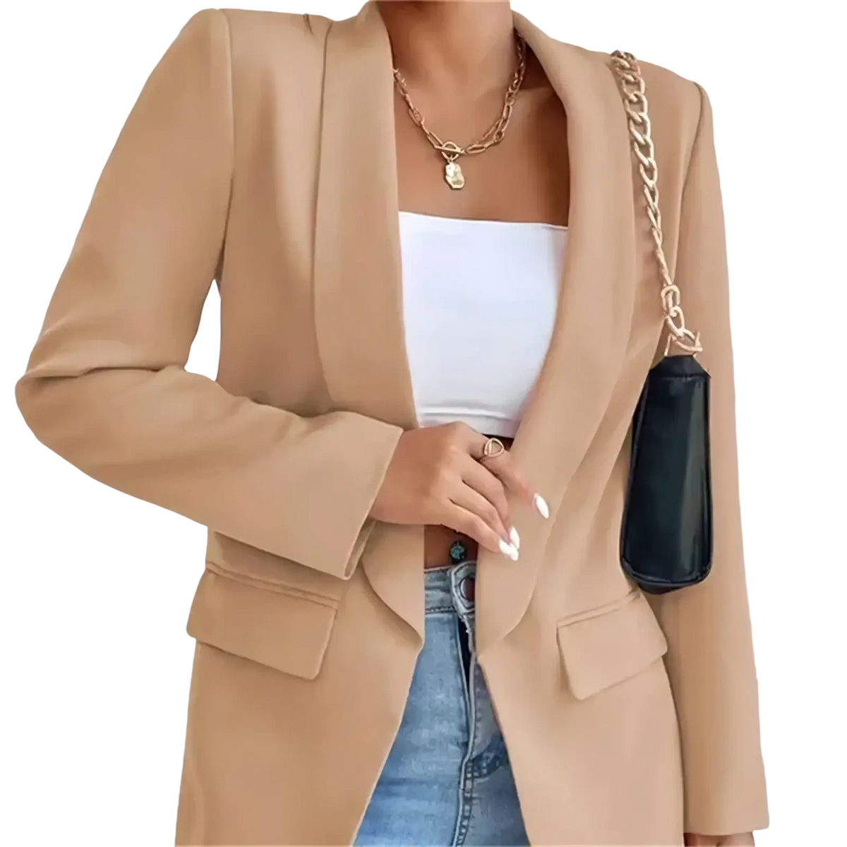 Beige slim tailored women blazer with structured shoulders and flap pockets for casual wear