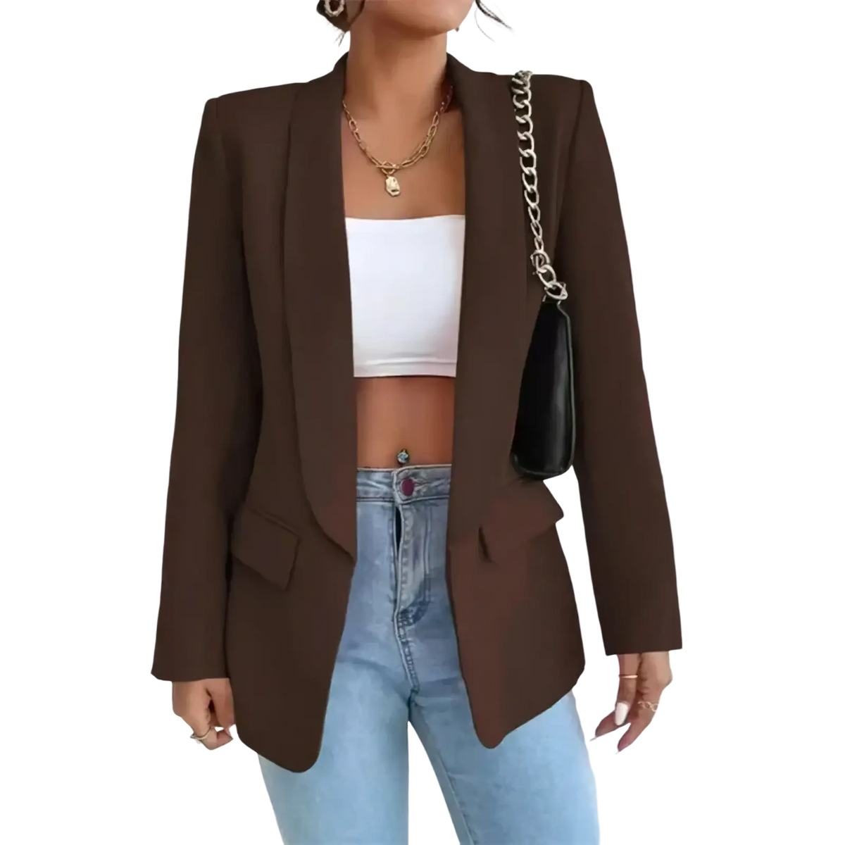 Brown women slim tailored blazer with sleek fit and structured shoulders ideal for casual wear