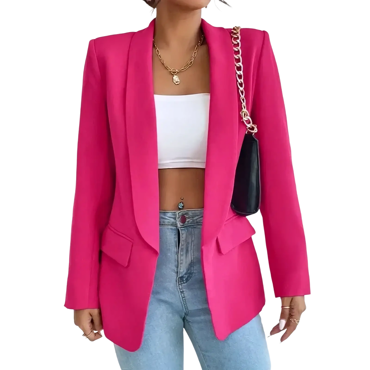 Women slim tailored fuchsia blazer with notched lapels and flap pockets casual cardigan jacket for versatile wear