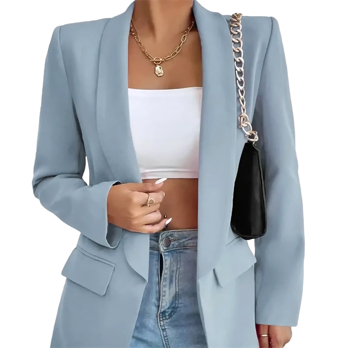 Light blue women slim tailored blazer with structured shoulders and flap pockets for casual wear