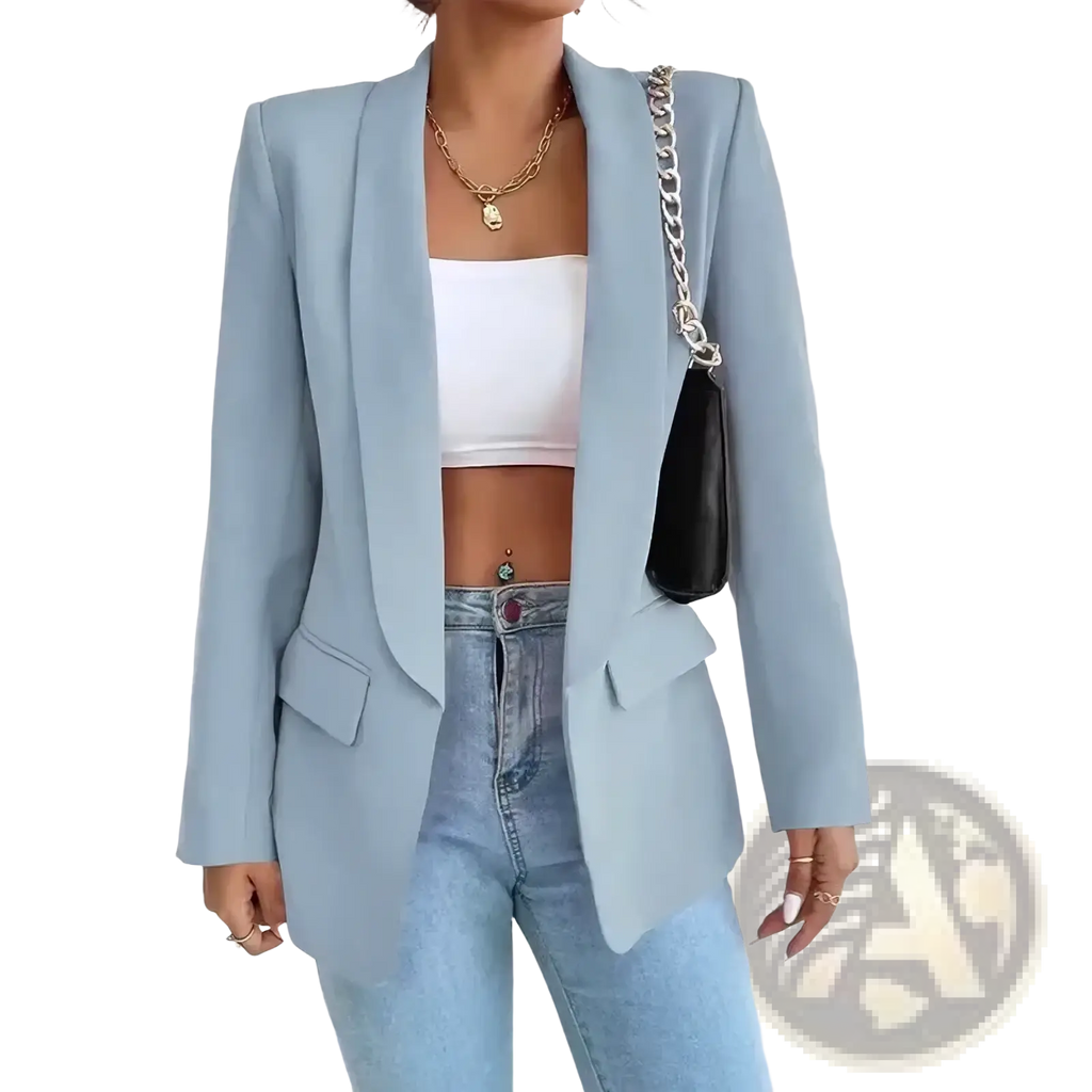 Light blue women slim tailored blazer with structured shoulders and flap pockets for casual wear