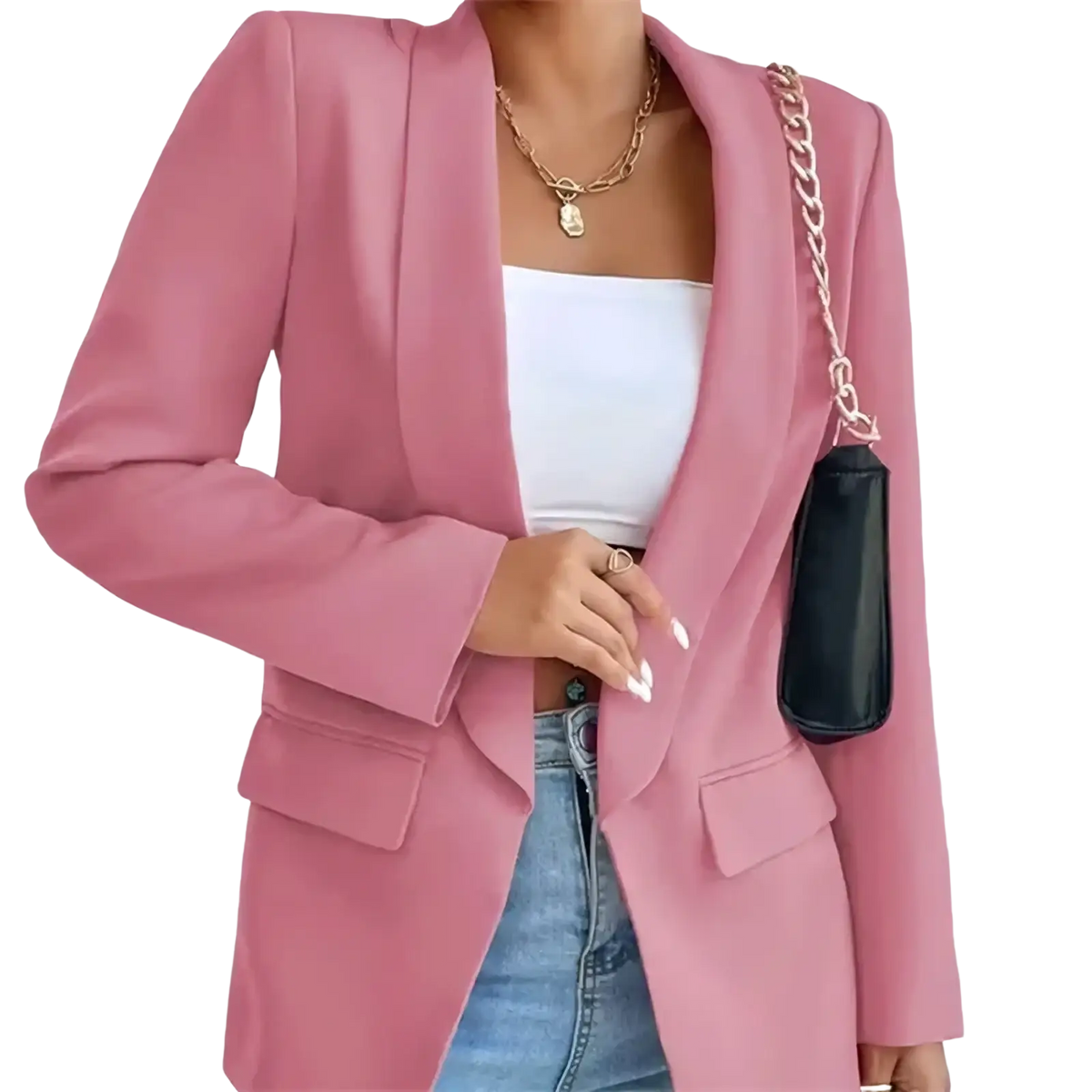 Women slim tailored blazer in pink featuring notched lapels and flap pockets for casual wear